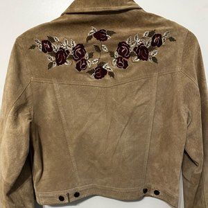 Brandon Thomas Suede Coat Rose Motif Beige Sz Med Embroidery Leather Lined